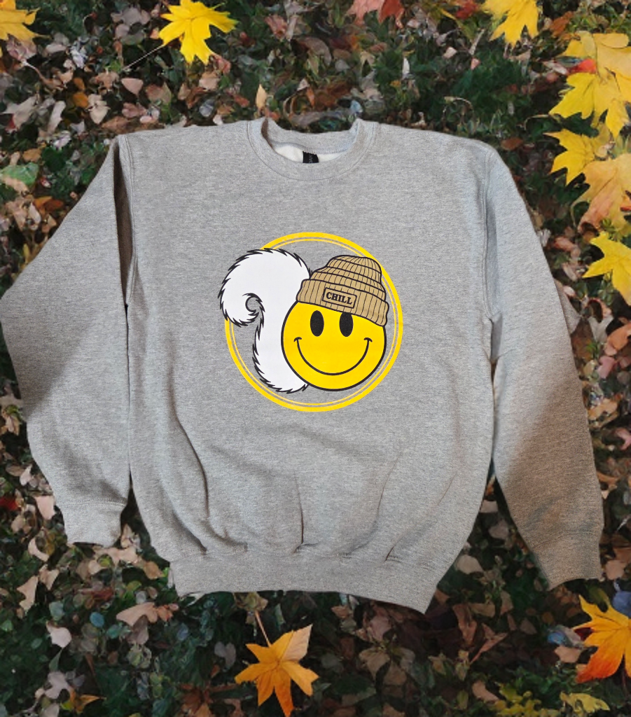 T Shirts and Sweatshirts - Youth Smiley Face Sweatshirt with White Squirrel Tail & Chill Beanie Design