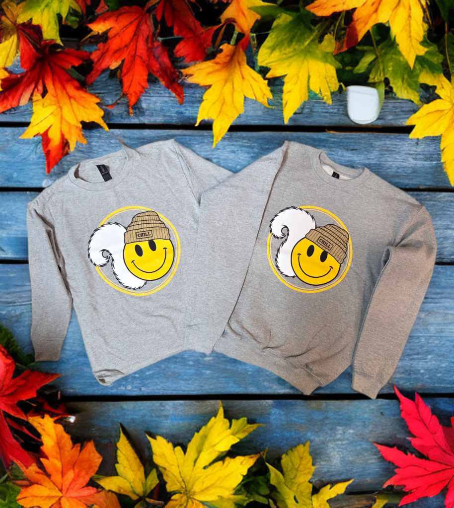 T Shirts and Sweatshirts - Youth Smiley Face Sweatshirt with White Squirrel Tail & Chill Beanie Design