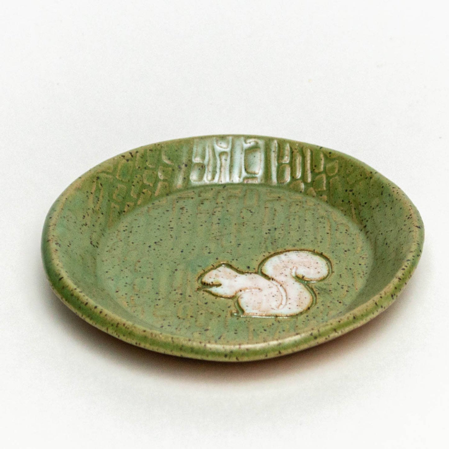 Pottery - White Squirrel Handmade Ceramic Green Round Trinket Dish