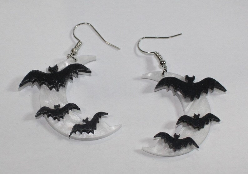 Jewelry - Earrings - 3 Bats on Crescent Moon Dangling Earrings