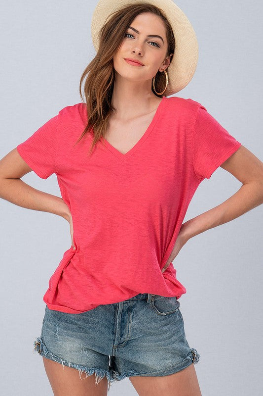 Clothing - Ladies V-Neck Short Sleeve Tee - 100% Cotton in Candy Pink