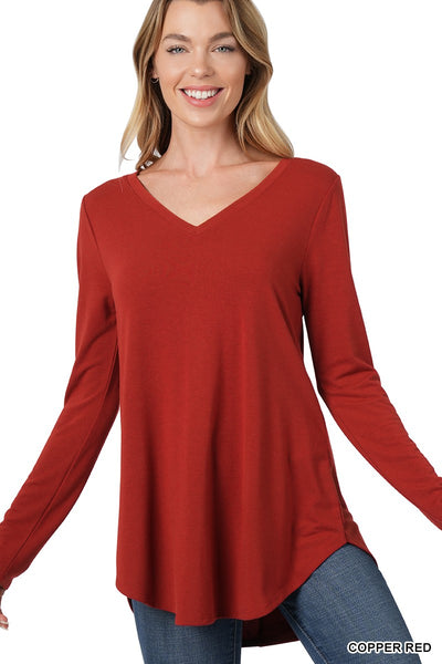 Clothing - Ladies Ultra-Soft V-Neck Long Sleeve Top with Rounded Hem