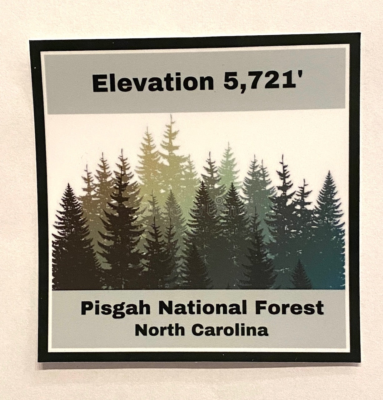 Decal with 'Elevation 5,721'', 'Pisgah National Forest North Carolina', and a forest scene.