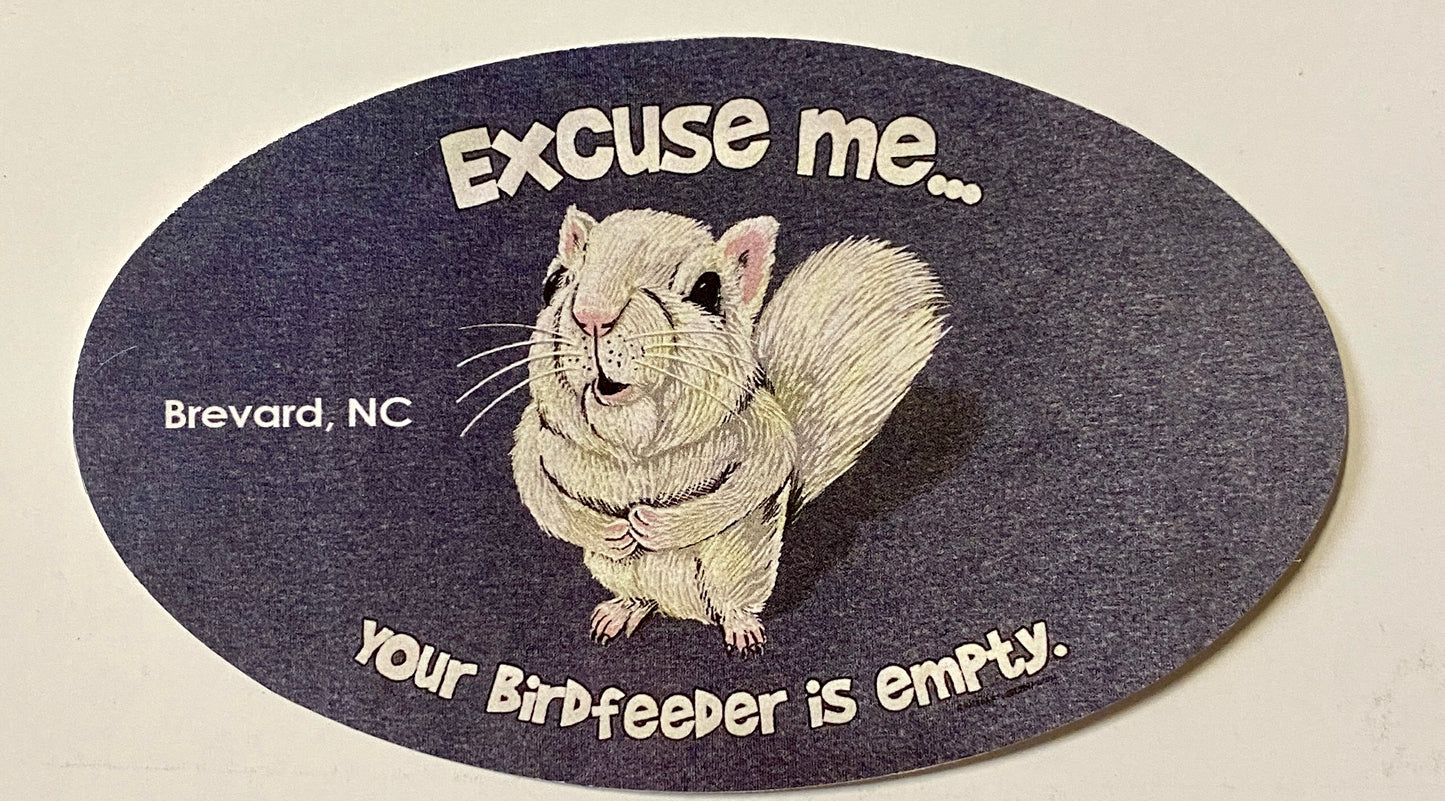 A vinyl decal with an illustration of a white squirrel and the text 'Excuse me... your birdfeeder is empty' from Brevard, NC.