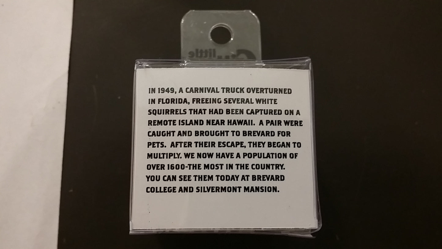 The history of our white squirrel population on the bottom of our porcelain white squirrel figurine.