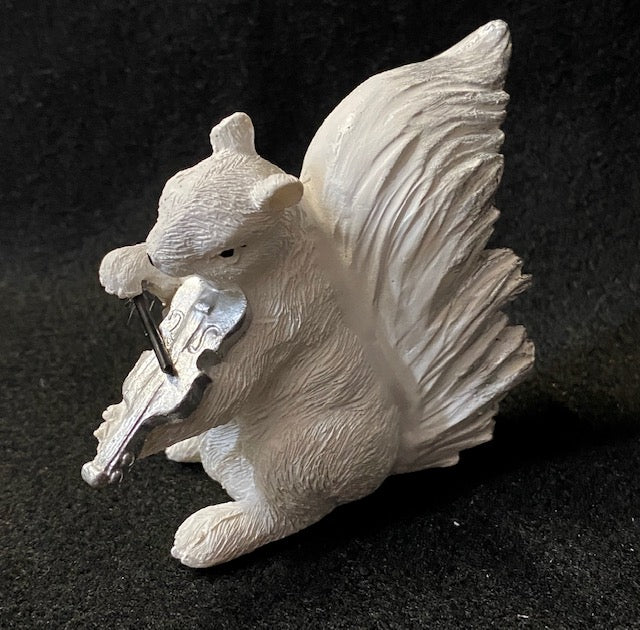 White squirrel playing a violin hand painted resin figurine.