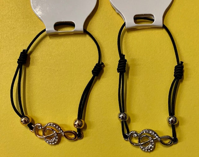 Jewelry - Bracelet - Treble Clef Embellished with Rhinestones on Stretchy Black Band