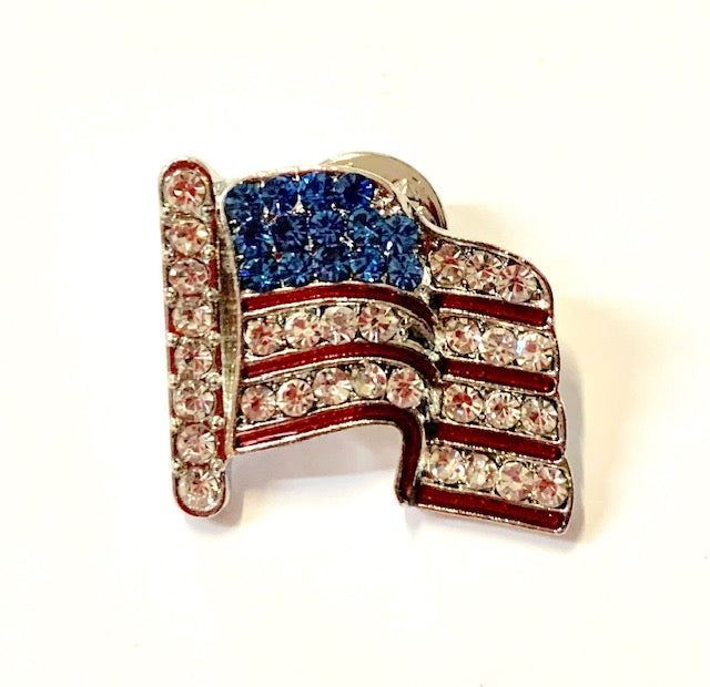Hat/Lapel Pin - Crystals - Wavy American Flag with Red and White Crystals