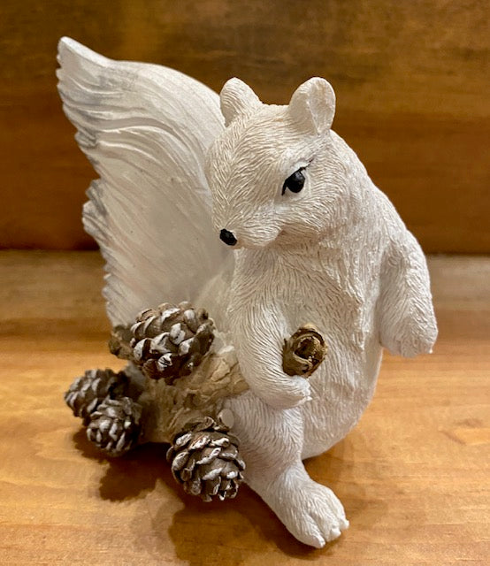 Figurine - Resin - White Squirrel with Pine Cone Branch