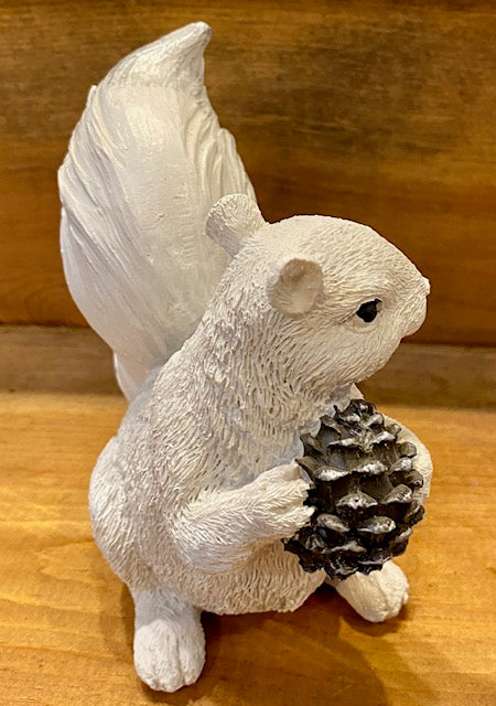 Figurine - Resin - White Squirrel Holding a Single Large Pine Cone