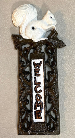Cast Iron - White Squirrel Welcome Sign with Cast Iron White Squirrel - Hand-Painted