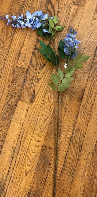 Stem - 43" Blue Wisteria branch with 2 blooms and lots of greenery.