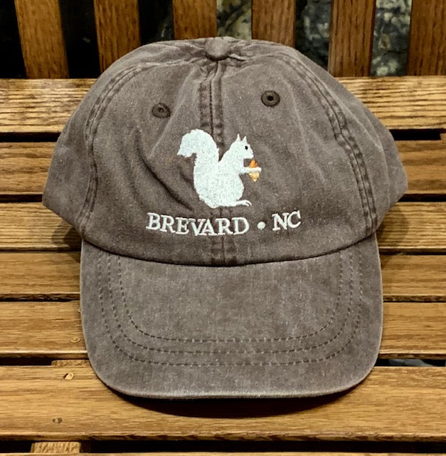 White Squirrel embroidered baseball cap from Brevard NC in Mississippi mud brown color
