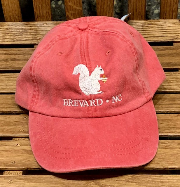 White Squirrel embroidered baseball cap from Brevard NC in hot pink color