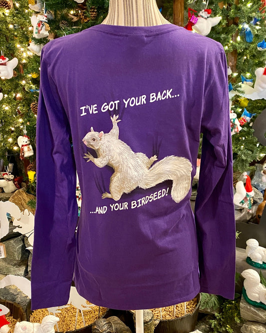 T-Shirt - Women's - I've Got Your Back & Birdseed - Long Sleeve V-Neck in Purple