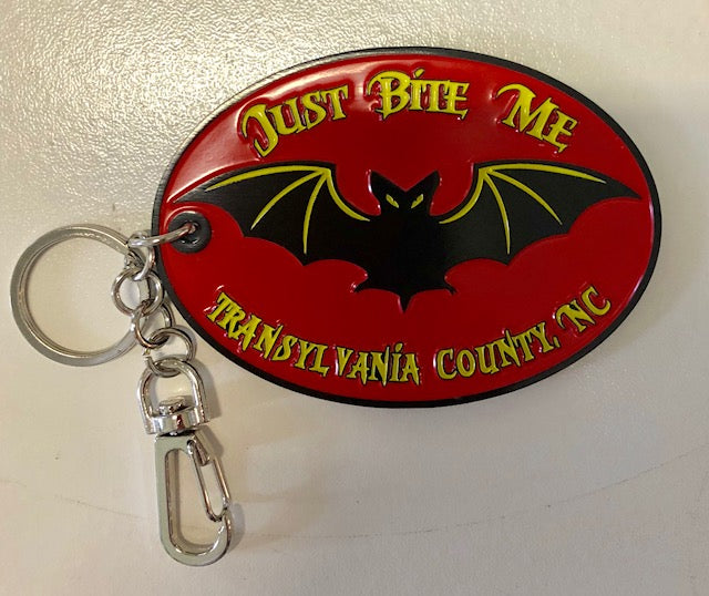 Key Chain/Clip - Metal Key Clip with a Black Bat and Wording "Just Bite Me"