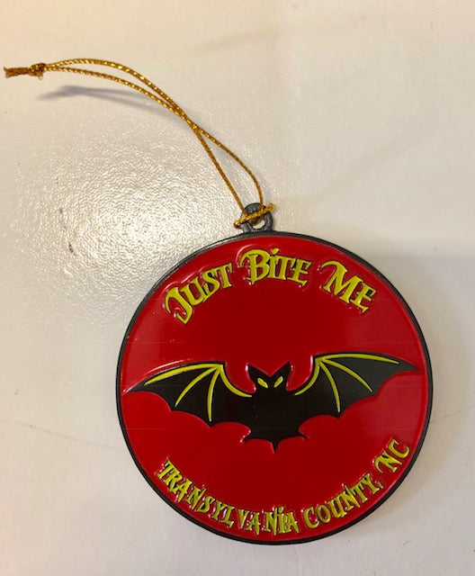 Ornament - Metal - Bat with Just Bite Me, Transylvania County - Round