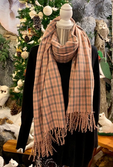 Scarf - Pink and Gray Ultra Warm Plaid Scarf with Fringe