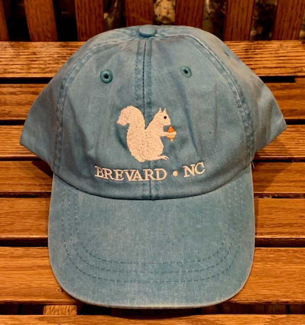 White Squirrel embroidered baseball cap from Brevard NC in periwinkle blue color