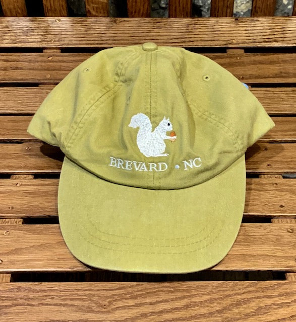 White Squirrel embroidered baseball cap from Brevard NC in mustard yellow color