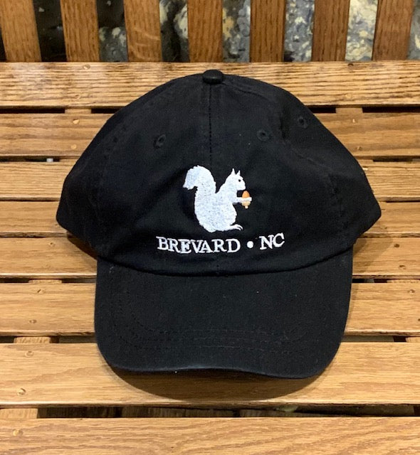 White Squirrel embroidered baseball cap from Brevard NC in black color