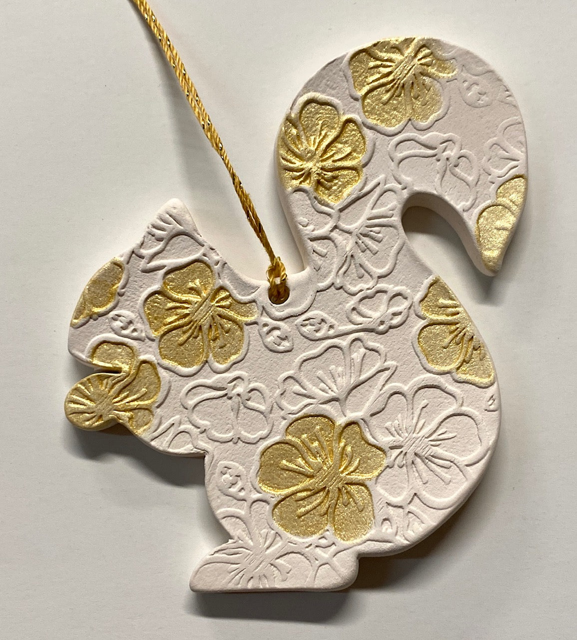 Ornament - Ceramic - White Squirrel with Gold Floral Design - Large