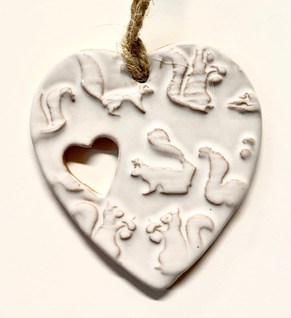 Ornament - Clay - Heart-Shaped with White Squirrels & Cut-Out Heart