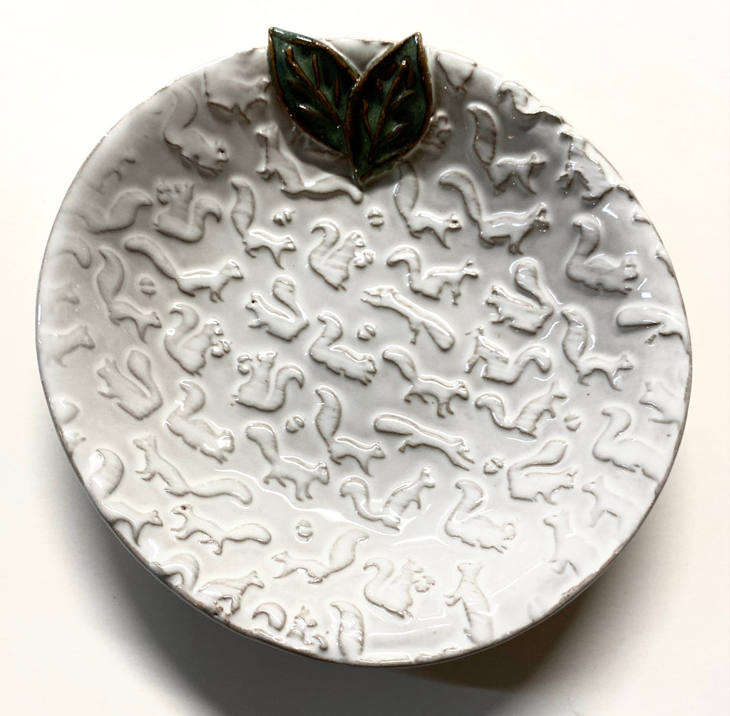 Clay Dipping Dish/Bowl with White Squirrel Stamped Design