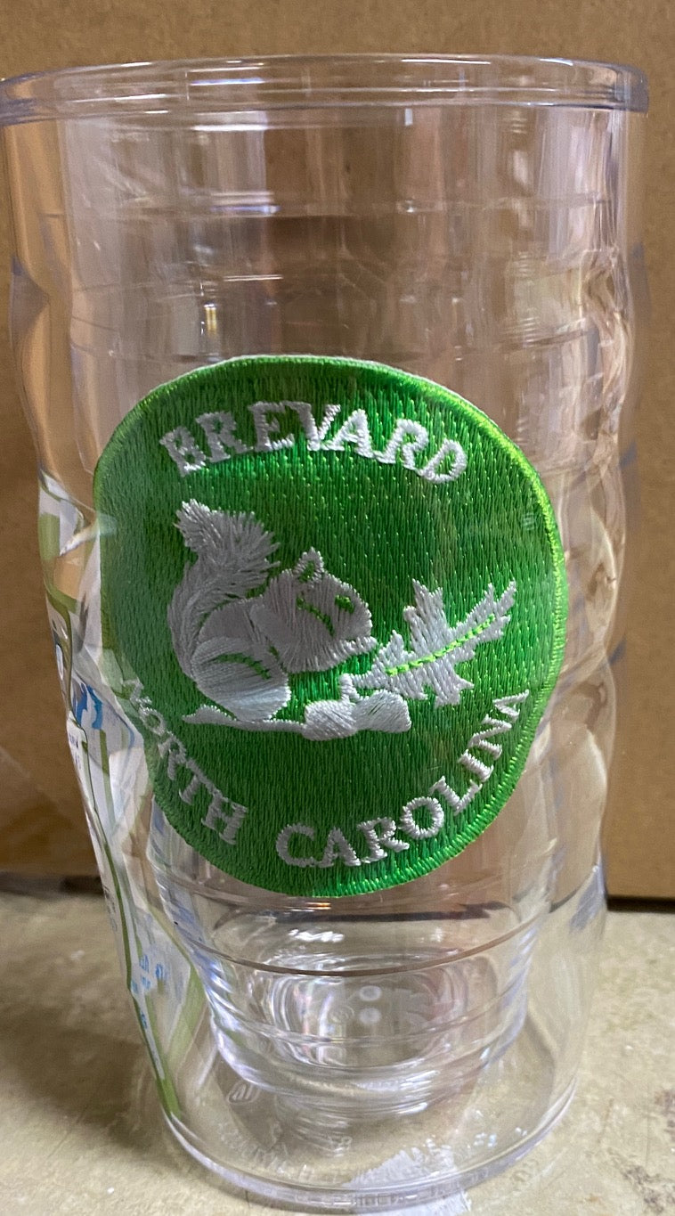 A clear plastic 10 oz. Tervis tumbler with a wavy design and a lime green logo 'BREVARD NORTH CAROLINA' on the front.