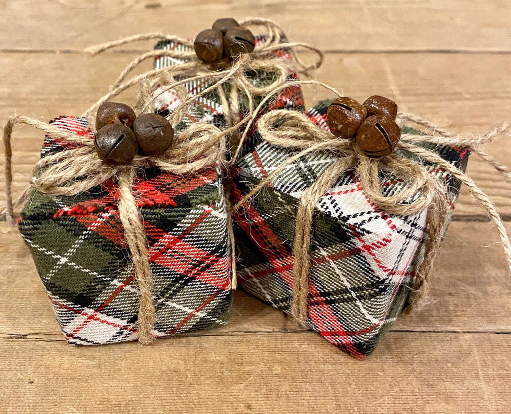 Ornament - Miniature Plaid Gift Boxes with Bells - Set of 3