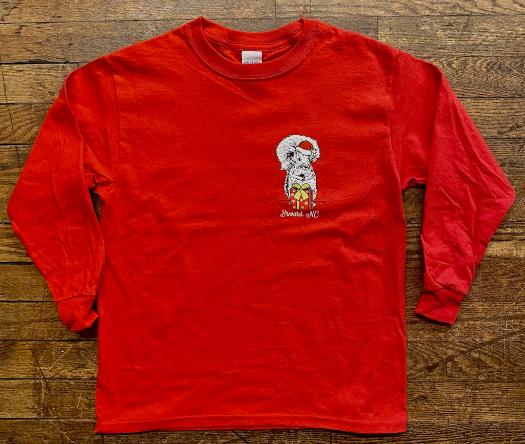 Christmas T-shirt for youth with Santa white squirrel on left chest - long sleeve