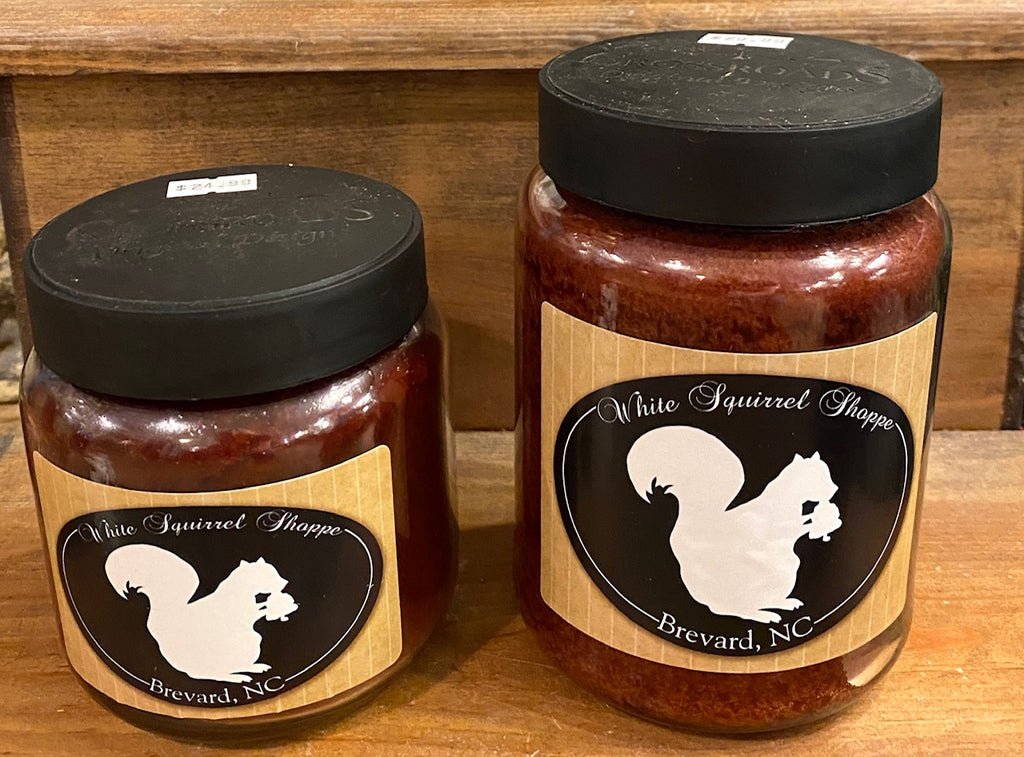 Candle - Cinamon Sticks Scent in a Jar labeled White Squirrel Shoppe Brevard, NC