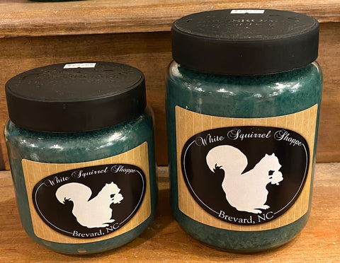 Candle - Fraser Forest Scent in a Jar labeled White Squirrel Shoppe Brevard, NC