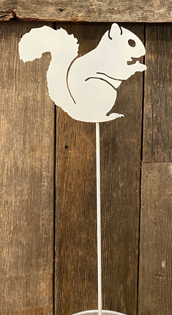 Metal Garden Art - White Nibbling Squirrel Garden Stake - 7"x5.5" - Medium