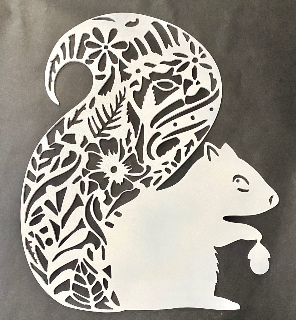 Metal Garden Art - White Squirrel Ornamental Filigree Design 14" High x 12" Wide