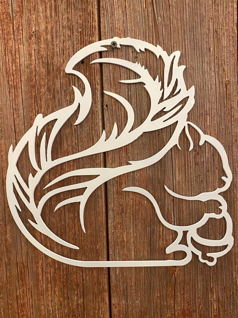 Metal Garden Art - White Squirrel Ornamental Open-Cut Design 12" High x 12" Wide