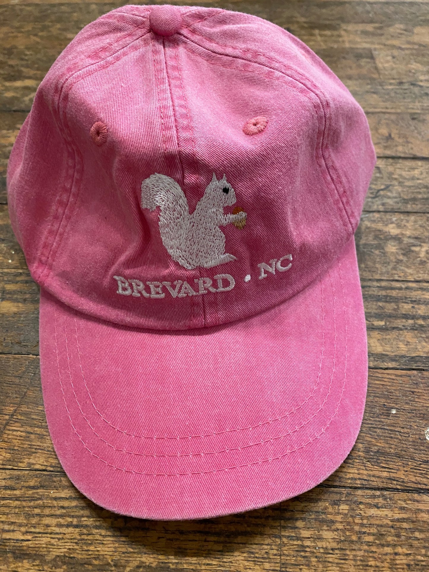 White Squirrel embroidered baseball cap from Brevard NC in pink color