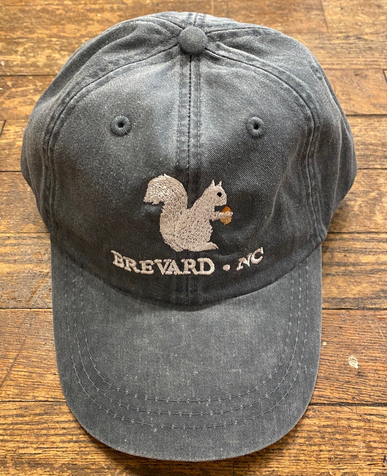 White Squirrel embroidered baseball cap from Brevard NC in slate grey color