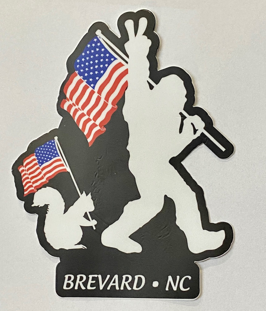 Decal/Sticker - White Squirrel & Sasquatch Holding American Flags with Peace Sign - Large Die-Cut