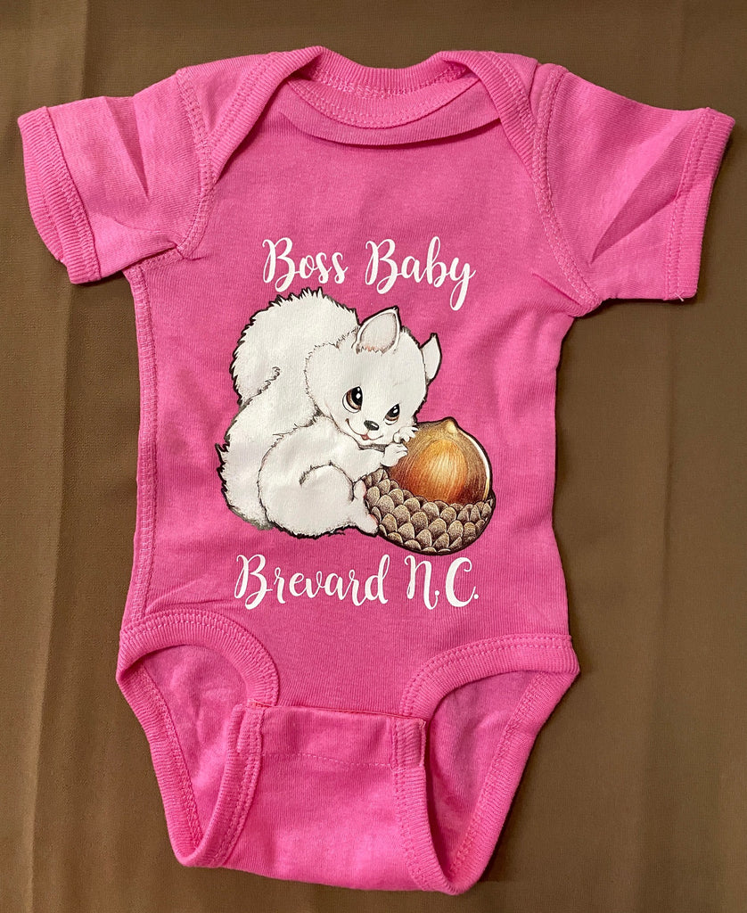 Onesie - White Squirrel Boss Baby Onesie in Raspberry Pink by Designer Sally Martin