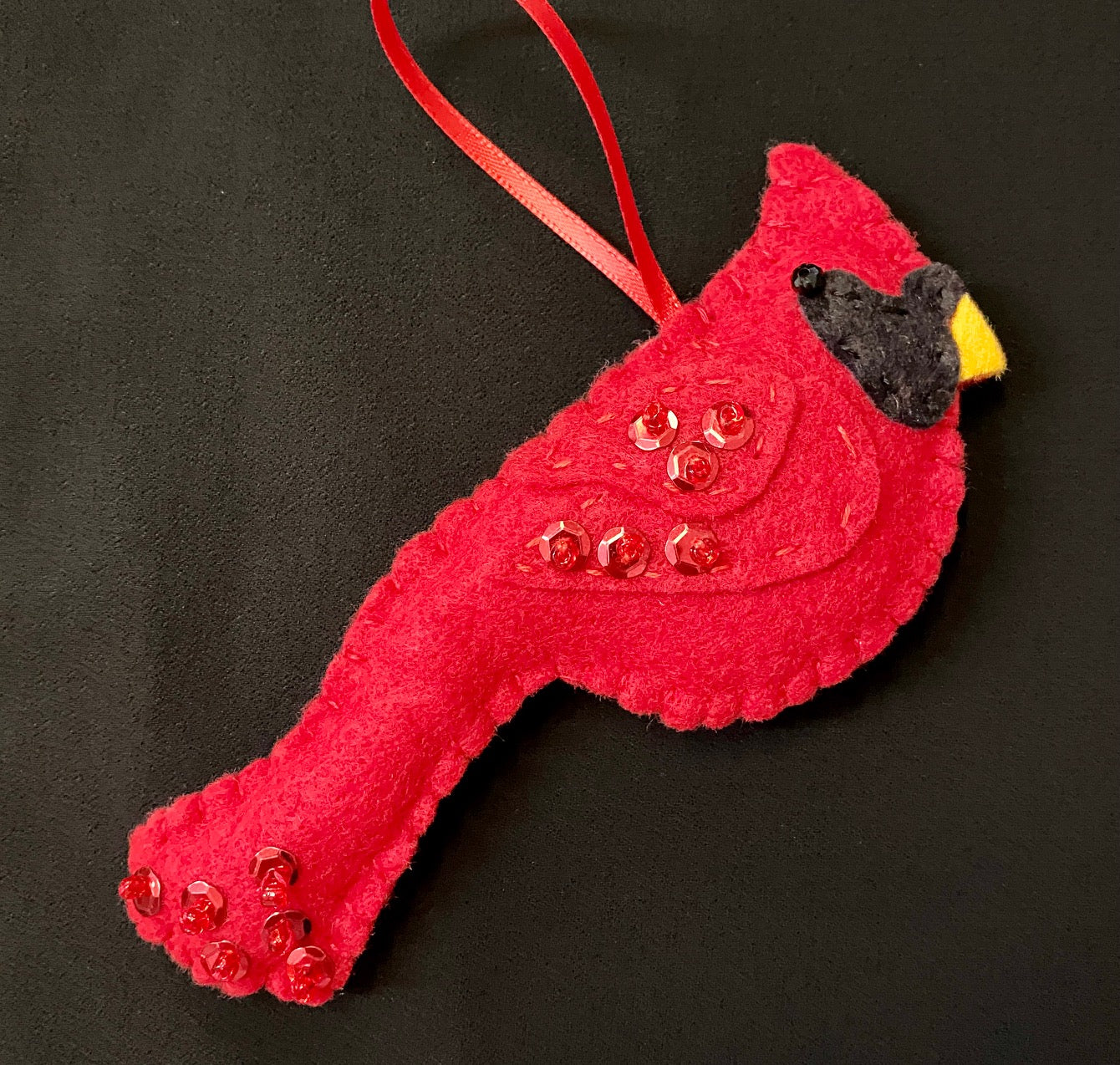 Ornament - Felt - Hand Crafted Cardinal Embellished with Beads and Sequins