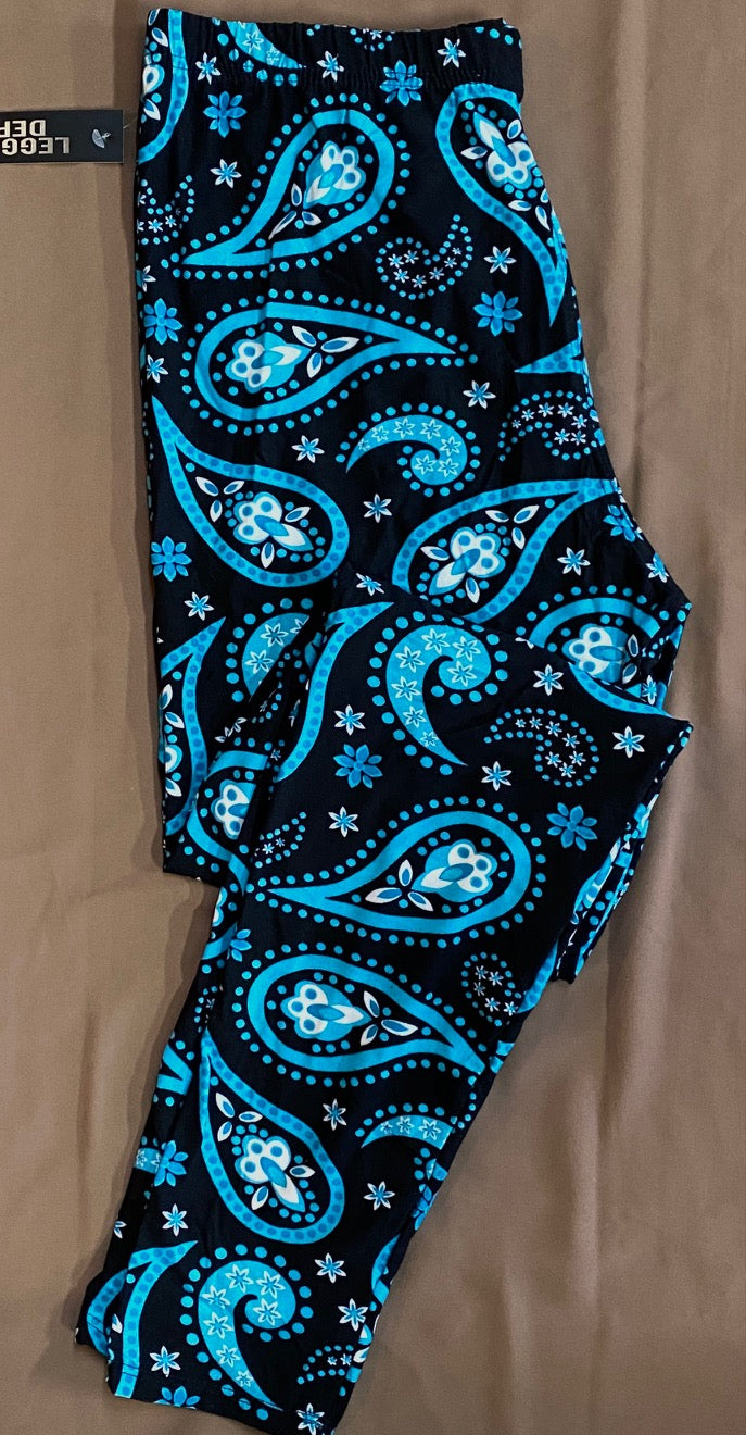 Buttery soft leggings with a blue paisley design.