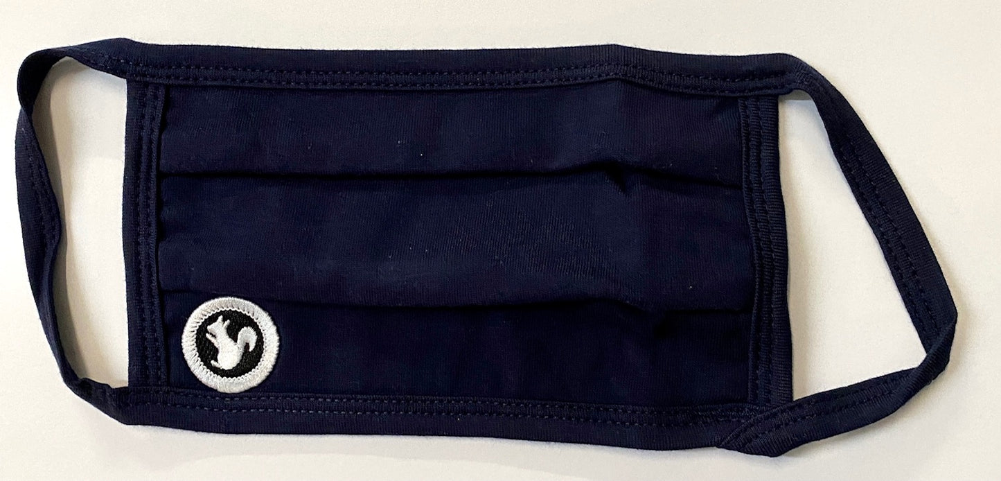 Pleated black face mask with embroidered white squirrel design on bottom.