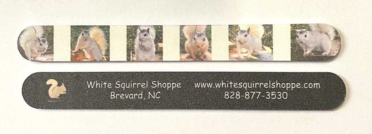 A nail file with various white squirrel designs printed on it, with the text 'White Squirrel Shoppe' and contact information.