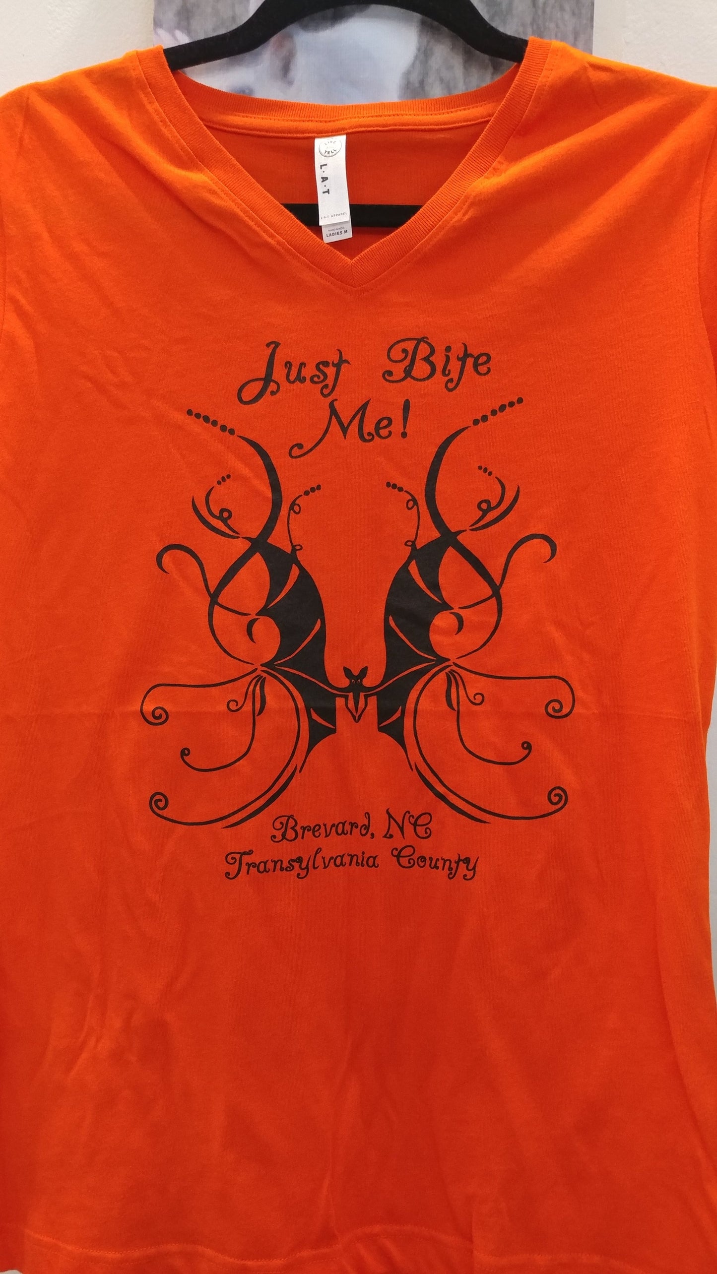 T-Shirt - Women's - Just Bite Me Swirly Bat - Short Sleeve V-Neck in Orange