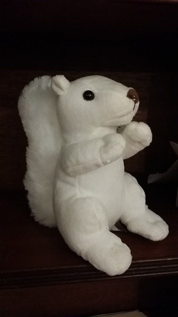 A medium-sized white plush squirrel with a brown nose and black eyes, sitting upright.