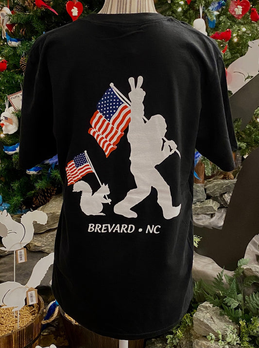 T-Shirt - Adult - Peace Sasquatch & White Squirrel American Flag - Short Sleeve Crew Neck