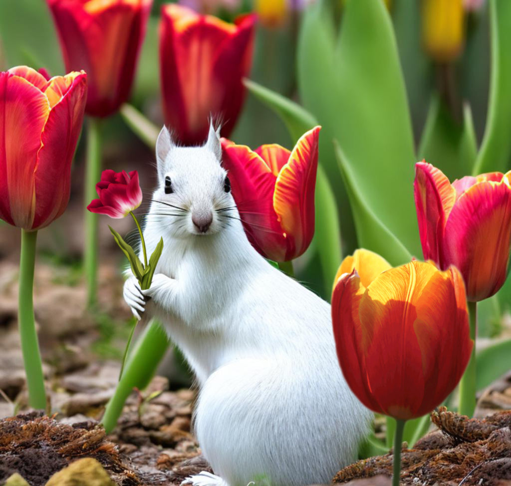 White Squirrel Puzzle - 18" x 18" - 500 Pieces - "Tiptoe Thru the Tulips"
