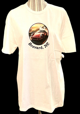 T-Shirt - For Adults - Unisex Crew Neck, Relaxed Fit White Squirrel on a Red Porsche