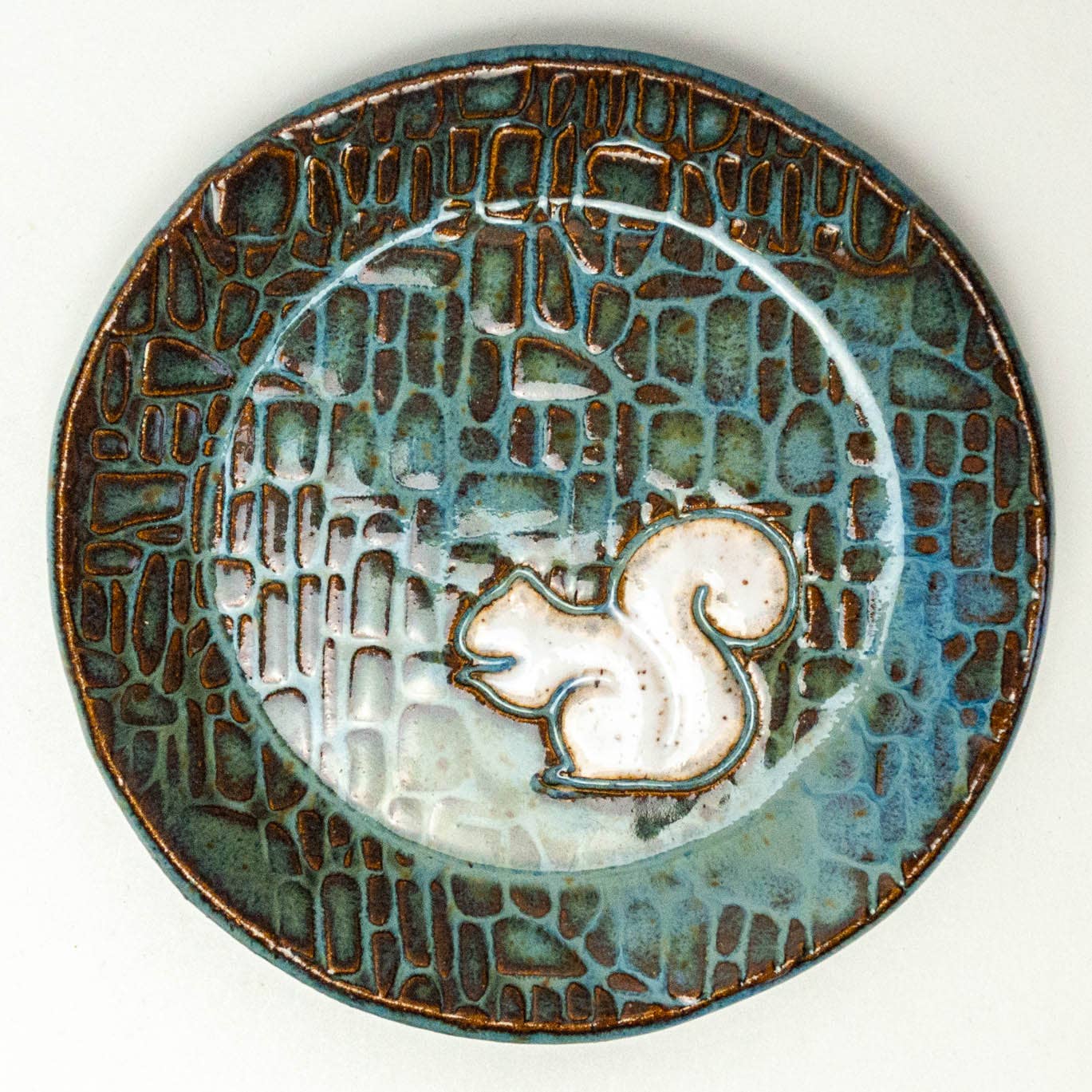 Pottery - White Squirrel Handmade Ceramic Blue Round Trinket Dish